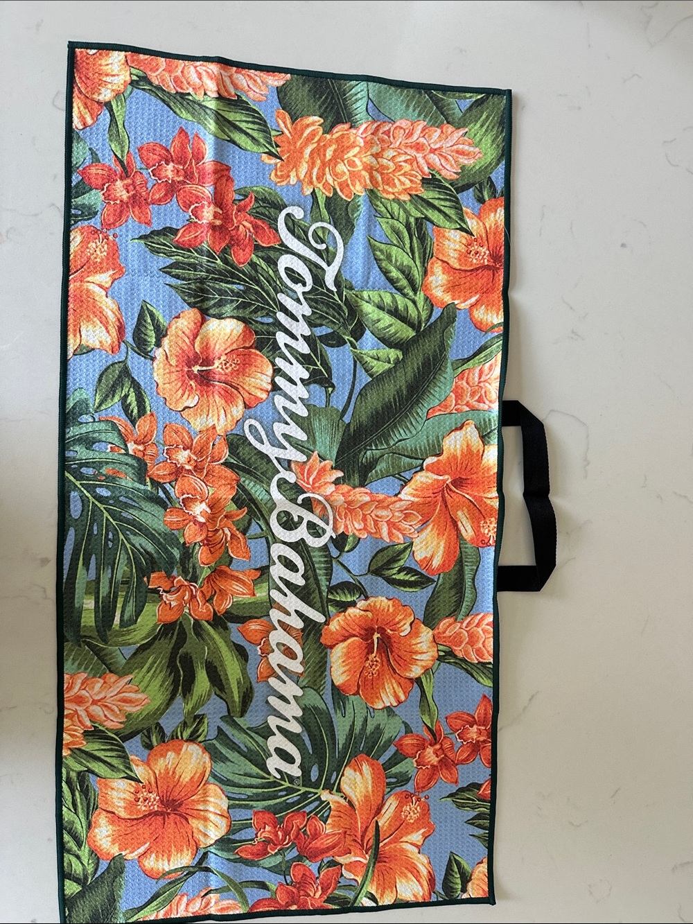 Tommy Bahama  Golf Towel Blue with Orange Tropical Floral Print, New in Package